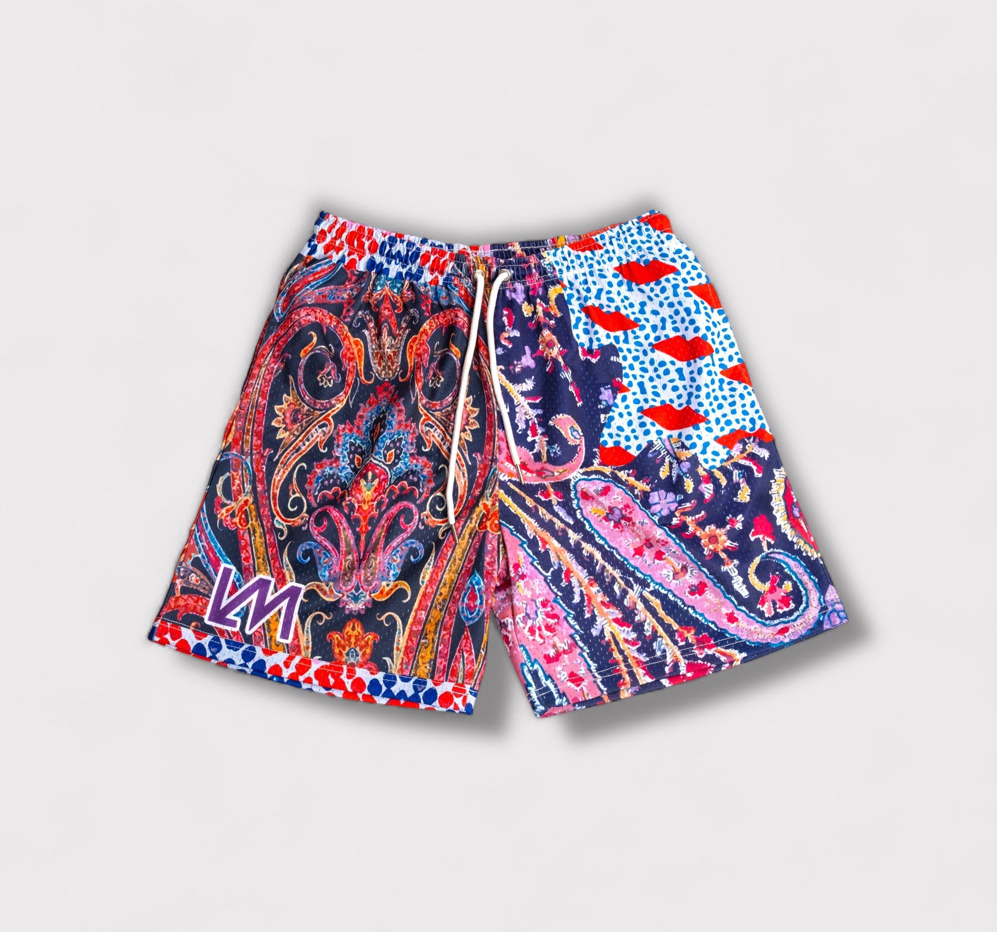 Colorful patterned shorts on a light gray background
