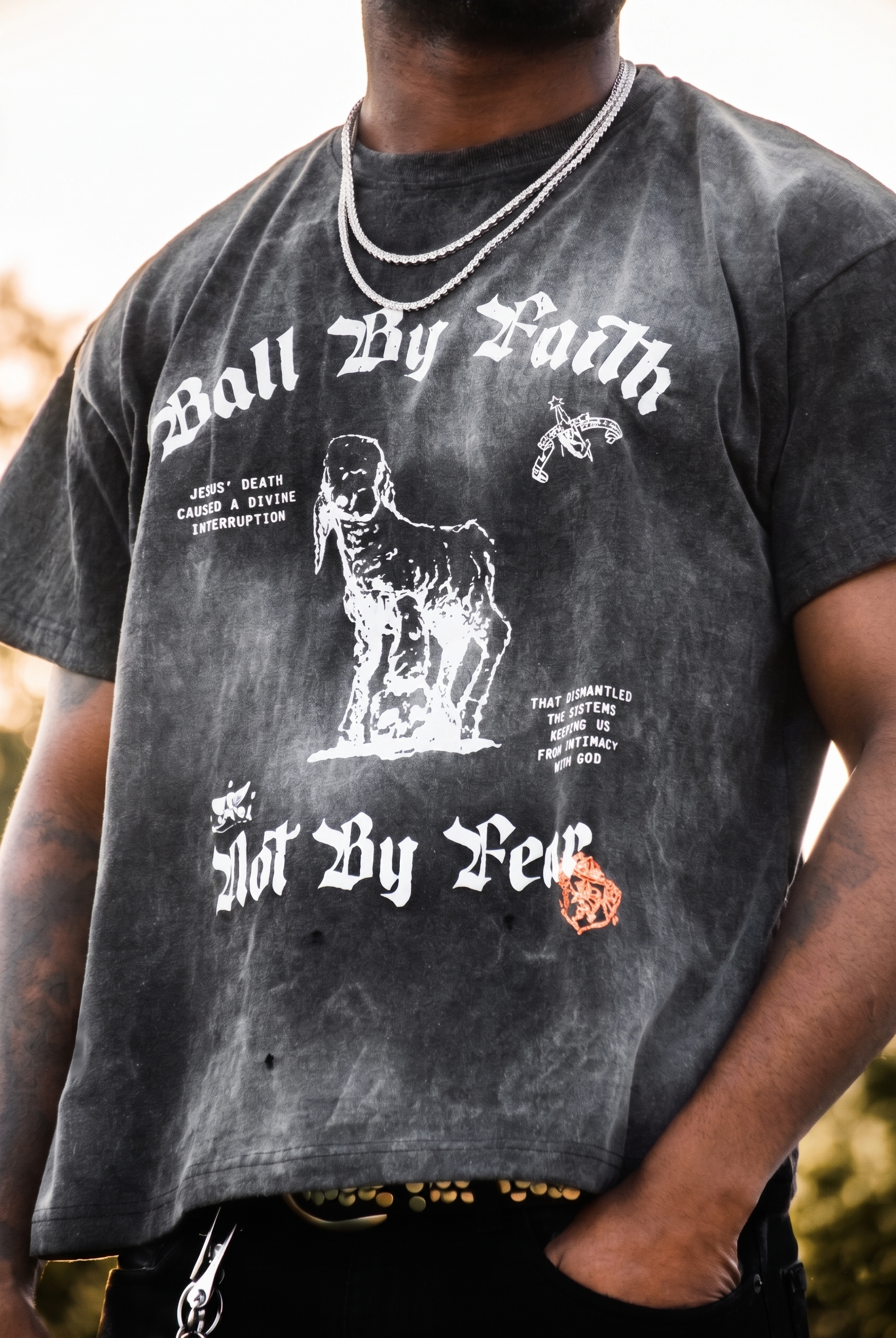 Not By Fear distressed graphic tee detail close-up